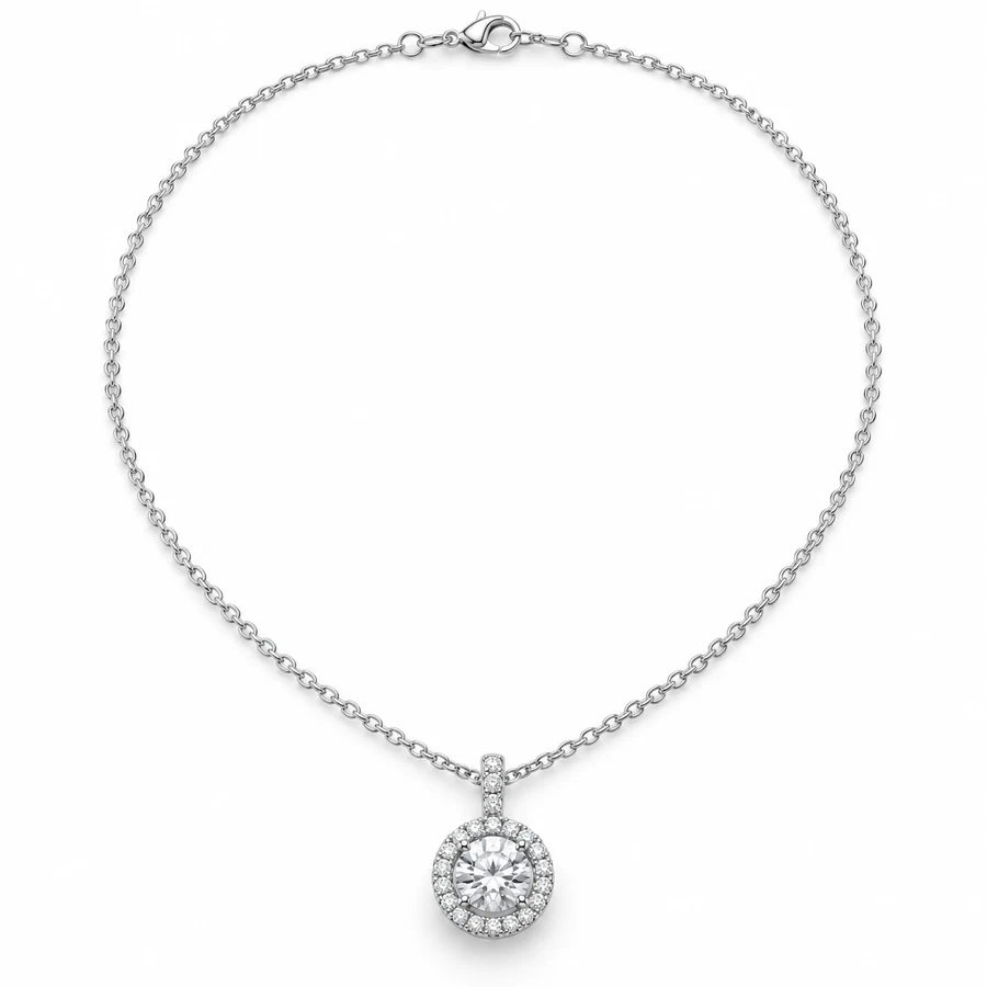 Silver necklace with a diamond halo pendant